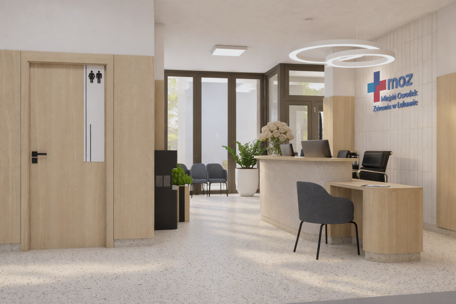 Hol medyczny z siedziskami i numeracją